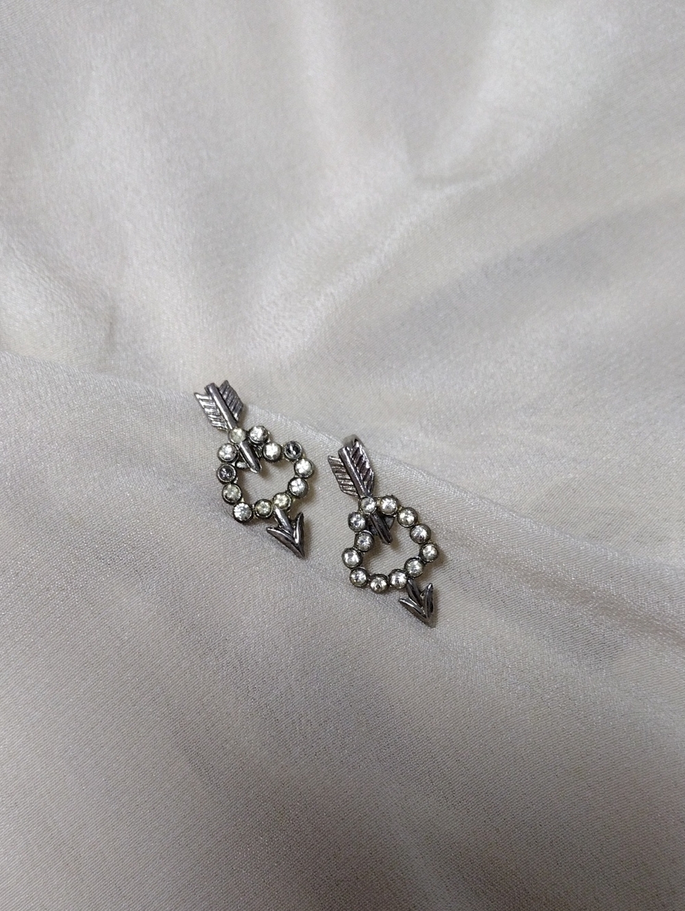 Silver Heart Arrow Crystal Screw Back Earrings